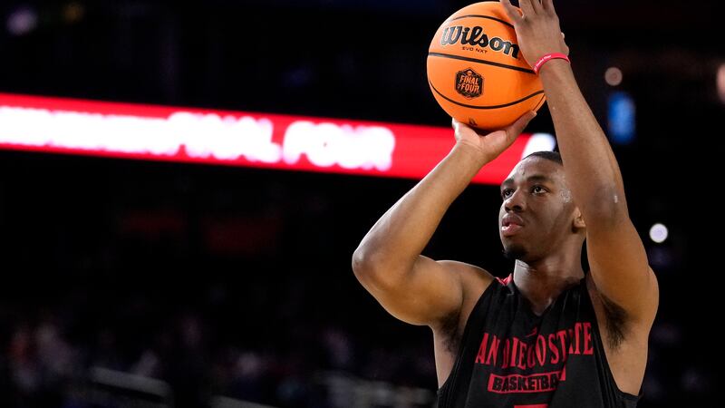 San Diego State guard Lamont Butler practices for their Final Four college basketball game in...
