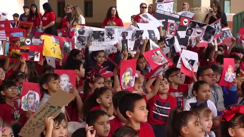 Students at César Chávez Elementary took part in a peaceful march across their campus to honor...
