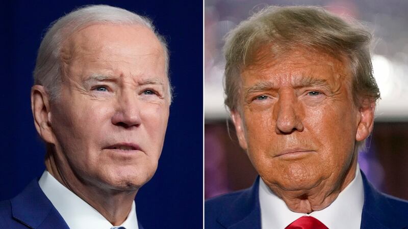 In this combination of photos, President Joe Biden, left, speaks on Aug. 10, 2023, in Salt...