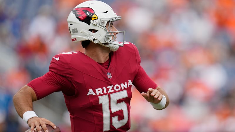 Arizona Cardinals quarterback Clayton Tune makes a throw against the Denver Broncos during the...