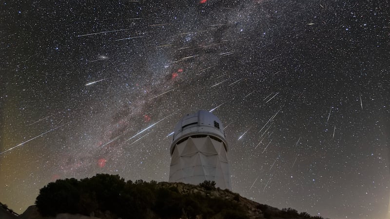 This Dec. 14, 2023 image made available by NOIRLab shows meteors from the Geminid meteor...