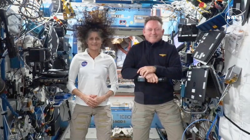 FILE - This image made from a NASA live stream shows NASA astronauts Suni Williams and Butch...