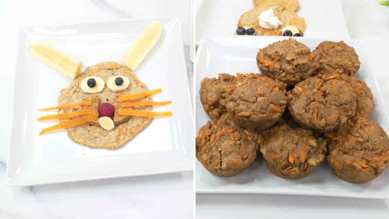 Healthy recipes include Easter Bunny pancakes and carrot cake muffins.