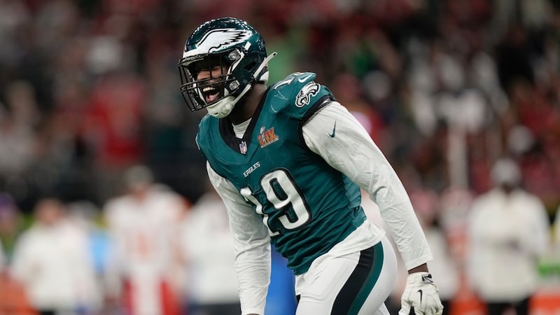Philadelphia Eagles linebacker Josh Sweat (19) reacts after sacking Kansas City Chiefs...