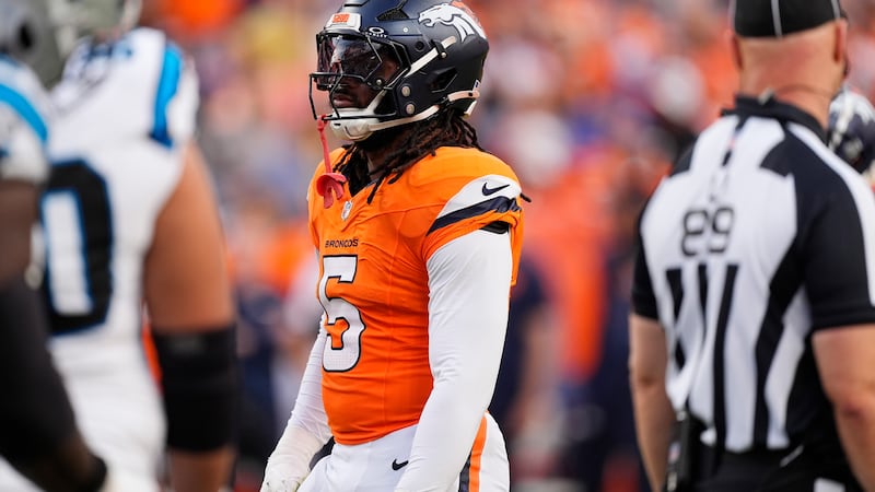 Denver Broncos linebacker Baron Browning (5) after an NFL football game Sunday, Oct. 27, 2024,...