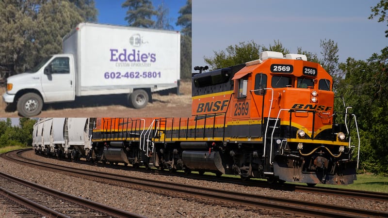 File photo of a BNSF train alongside the "Eddie's Truck" observed by law enforcement near...