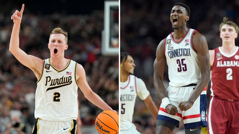 Purdue guard Fletcher Loyer and UConn forward Samson Johnson celebrate during the second half...