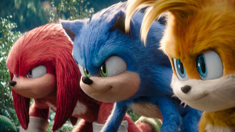Knuckles (Idris Elba), Sonic (Ben Schwartz) and Tails (Colleen O'Shaughnessey) in Sonic the...