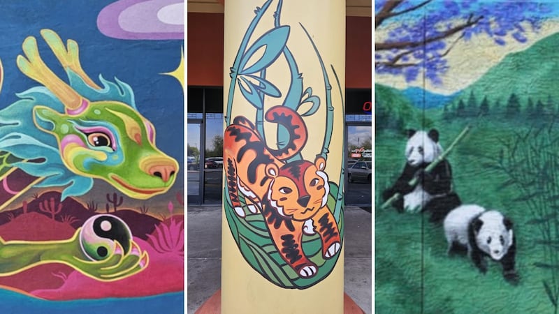 Murals adorn the Mesa Asian District, symbolizing different parts of Asian culture.