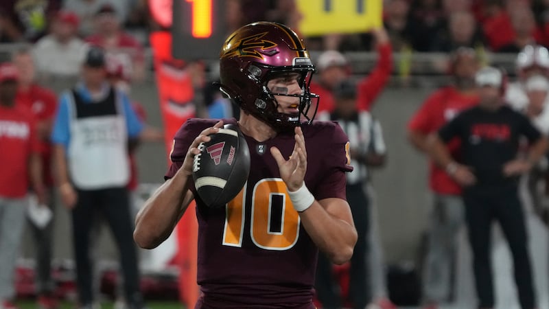 Arizona State quarterback Sam Leavitt (10) in the first half during an NCAA college football...