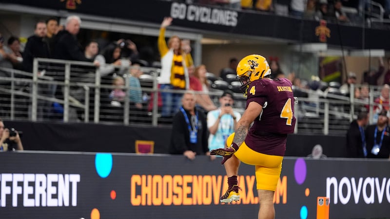 Arizona State running back Cam Skattebo (4) celebrates after running the ball for a touchdown...