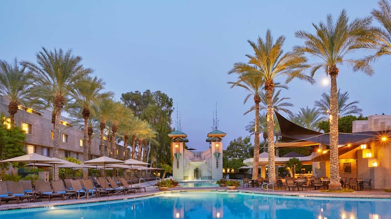 A beautiful shot of the Arizona Biltmore Resort in Phoenix. In the center is a gorgeous pool...