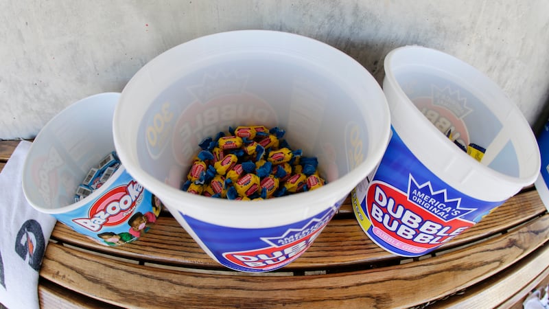FILE - Bubble gum site in the Los Angeles Dodgers dugout before their spring training baseball...