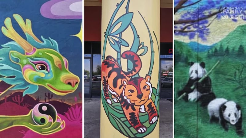 Five stunning murals featuring vibrant colors, animals, flowers, and mythical creatures pay...