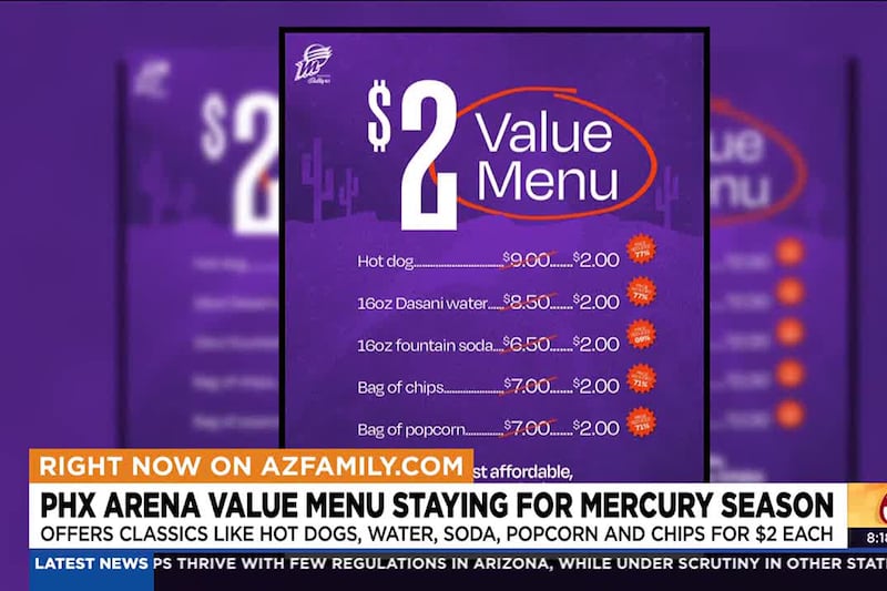 The value menu features hot dogs, Dasani water, fountain sodas, bags of chips and bags of...