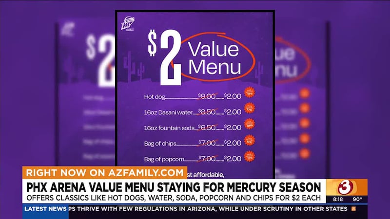 The value menu features hot dogs, Dasani water, fountain sodas, bags of chips and bags of...