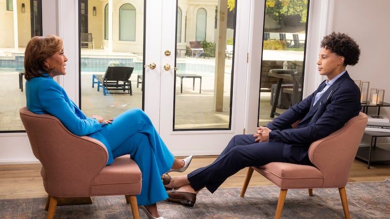 This image released by ABC News shows Robin Roberts, left, during an interview with Brittney...