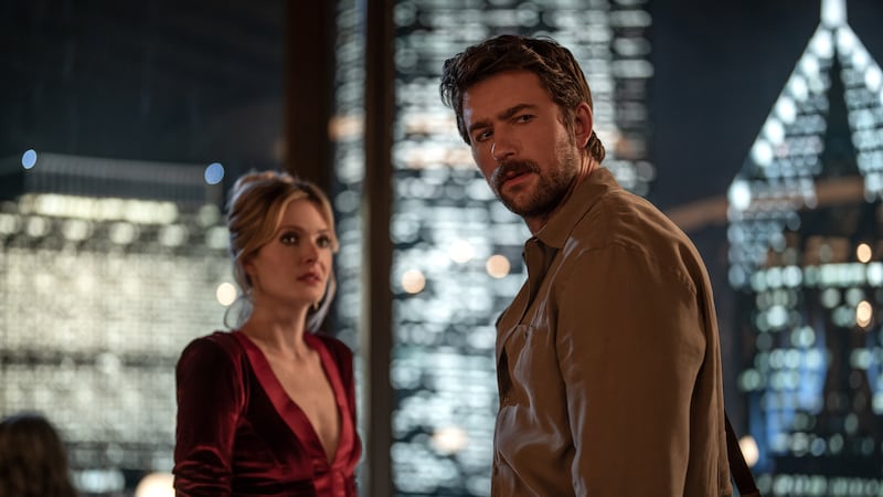(from left) Violet (Meghann Fahy) and Henry (Brandon Sklenar) in Drop, directed by Christopher...