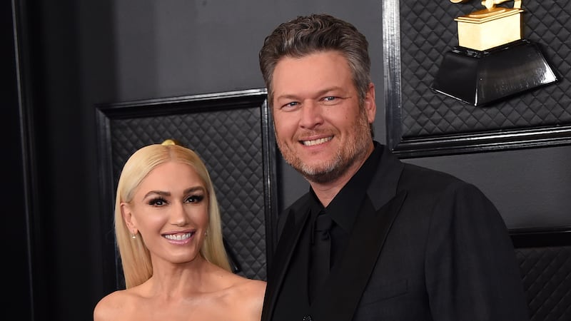 In this Jan. 26, 2020, file photo, Gwen Stefani, left, and Blake Shelton arrive at the 62nd...
