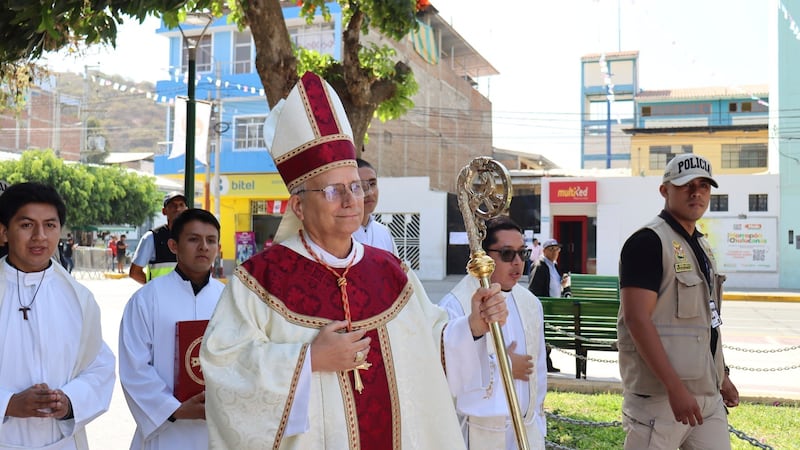 In this photo released by the Diocese of Chulucanas, Bishop Robert Prevost leads an...