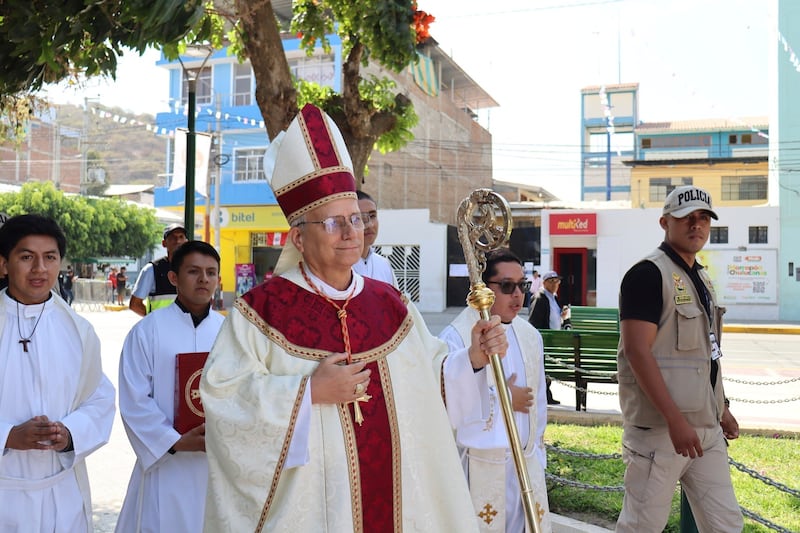 In this photo released by the Diocese of Chulucanas, Bishop Robert Prevost leads an...