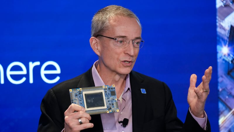 FILE - Intel CEO Pat Gelsinger speaks while holding a new chip, called Gaudi 3, during an...